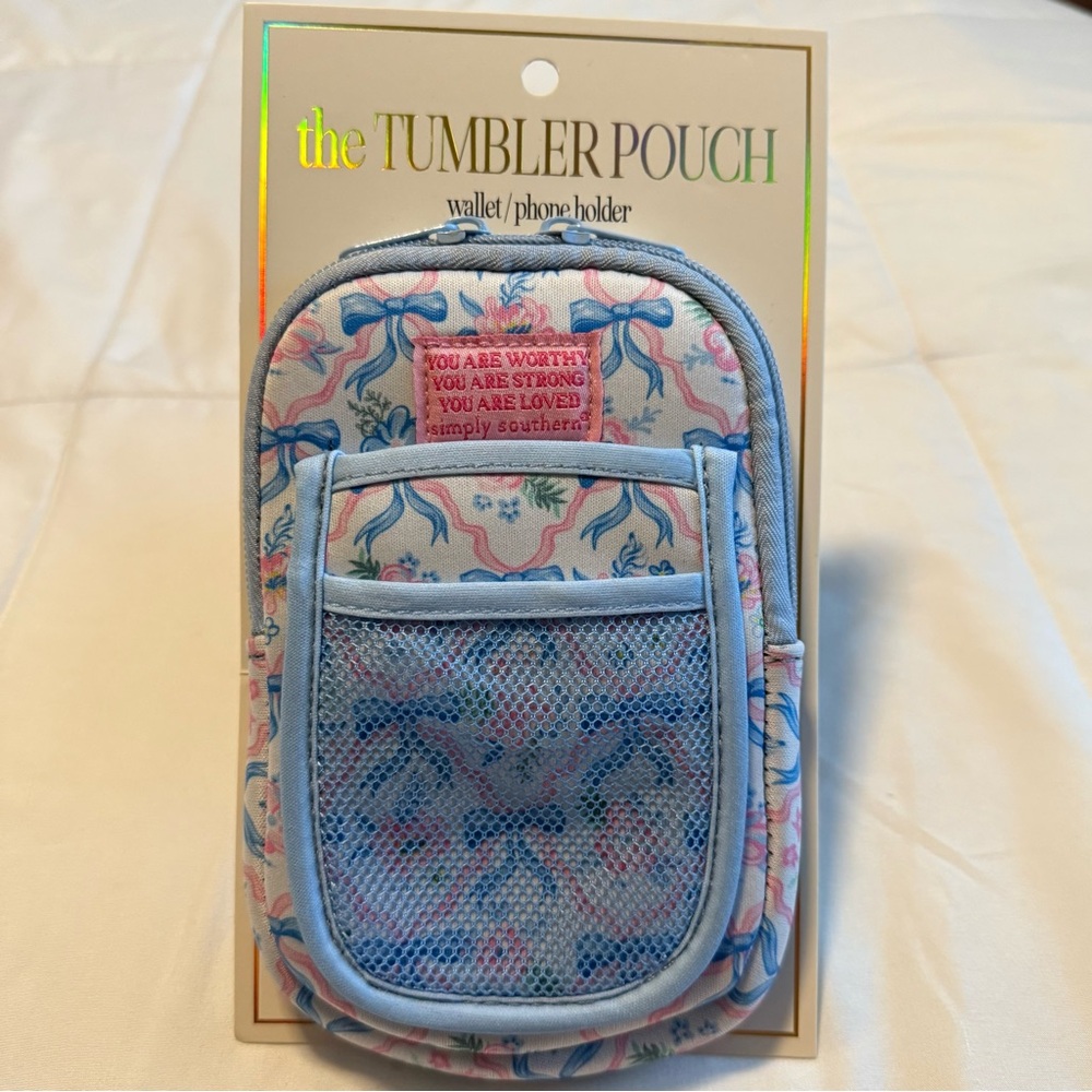 Simply Southern Tumbler Pouch Wallet Phone Holder Bow Floral Blue Pink NEW - Picture 2 of 4